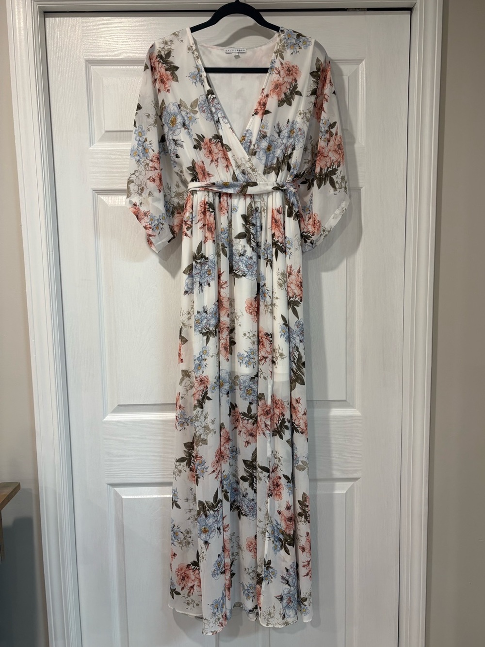 Baltic Born Floral Wrap Maxi Dress in White with Pink and Light Blue Blossoms
